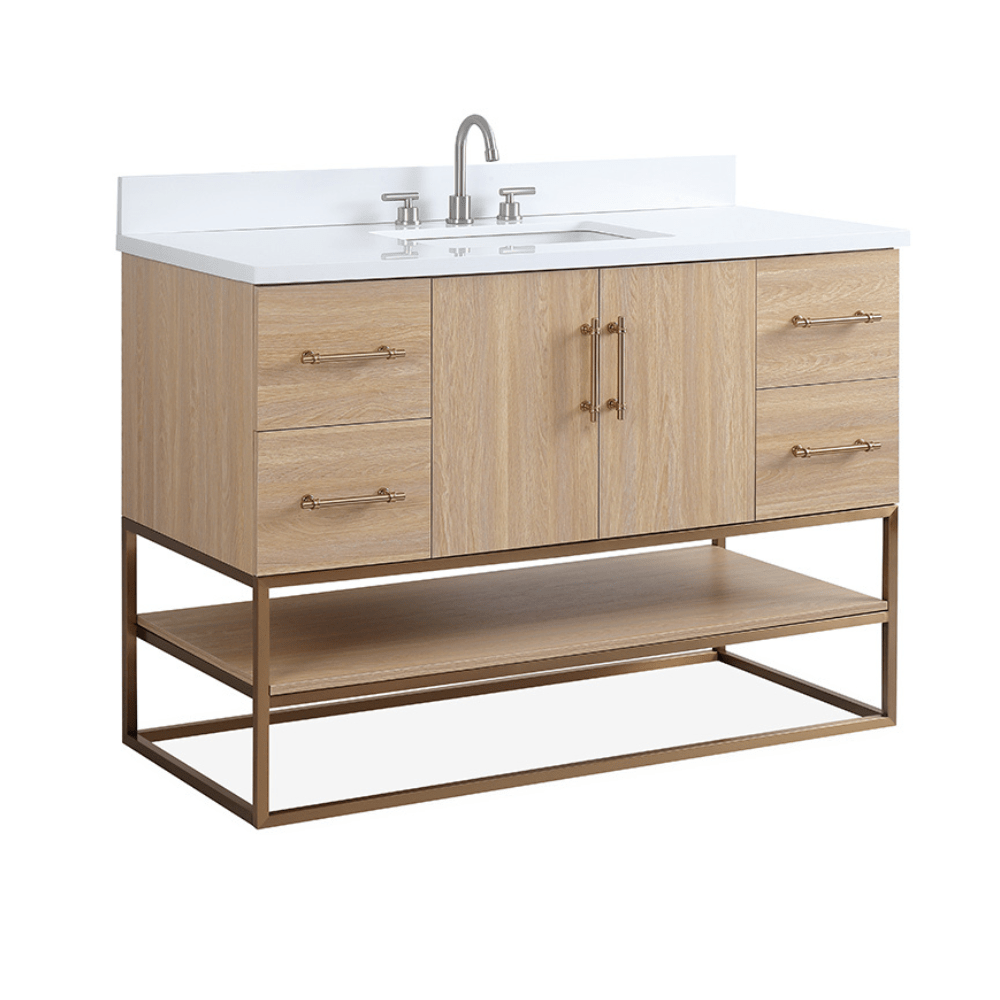48 Inch Light Oak Lima Single Sink Bathroom Vanity With Open Shelf & Gold Leg Base