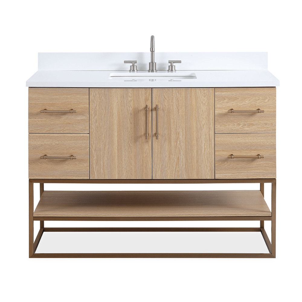 48 Inch Light Oak Lima Single Sink Bathroom Vanity With Open Shelf & Gold Leg Base
