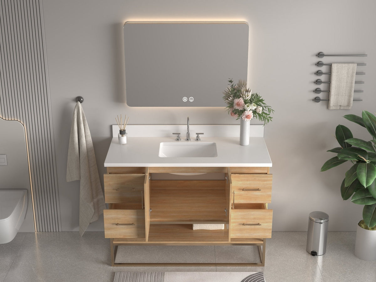 48 Inch Light Oak Lima Single Sink Bathroom Vanity With Open Shelf & Gold Leg Base