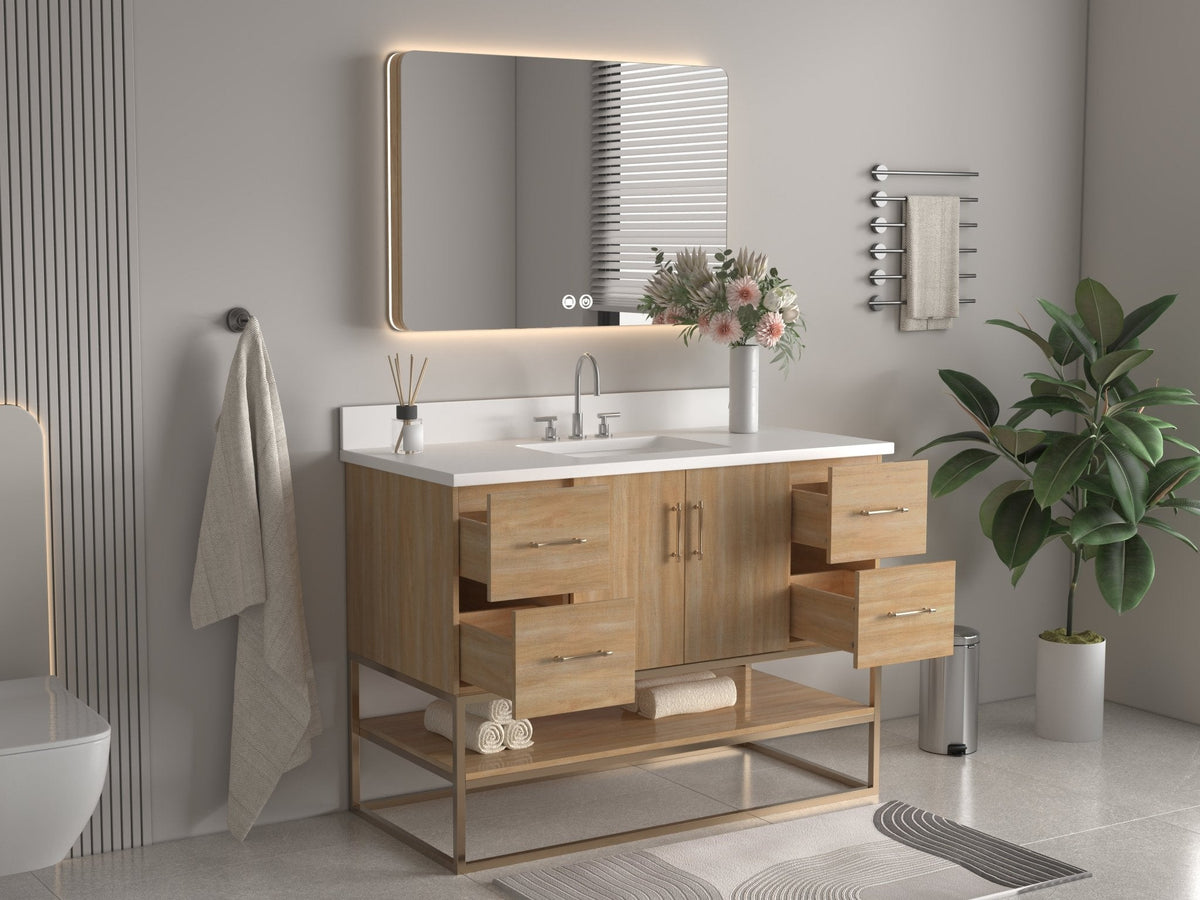 48 Inch Light Oak Lima Single Sink Bathroom Vanity With Open Shelf & Gold Leg Base