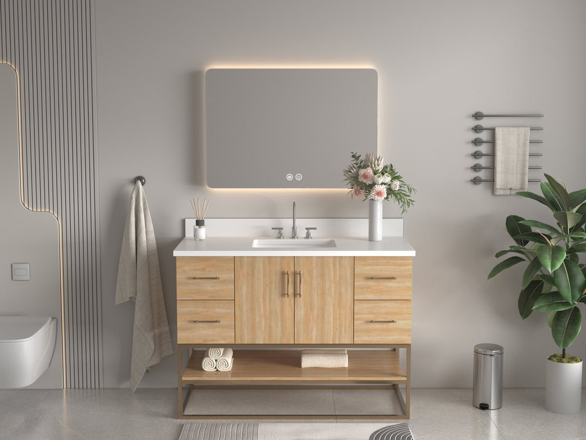 48 Inch Light Oak Lima Single Sink Bathroom Vanity With Open Shelf & Gold Leg Base