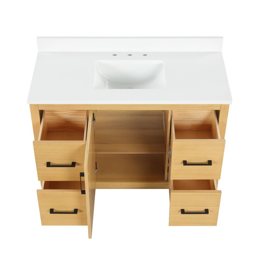 48 Inch Light Oak Sandi Single Sink Bathroom Vanity Toe Kick Style With White Quartz Top