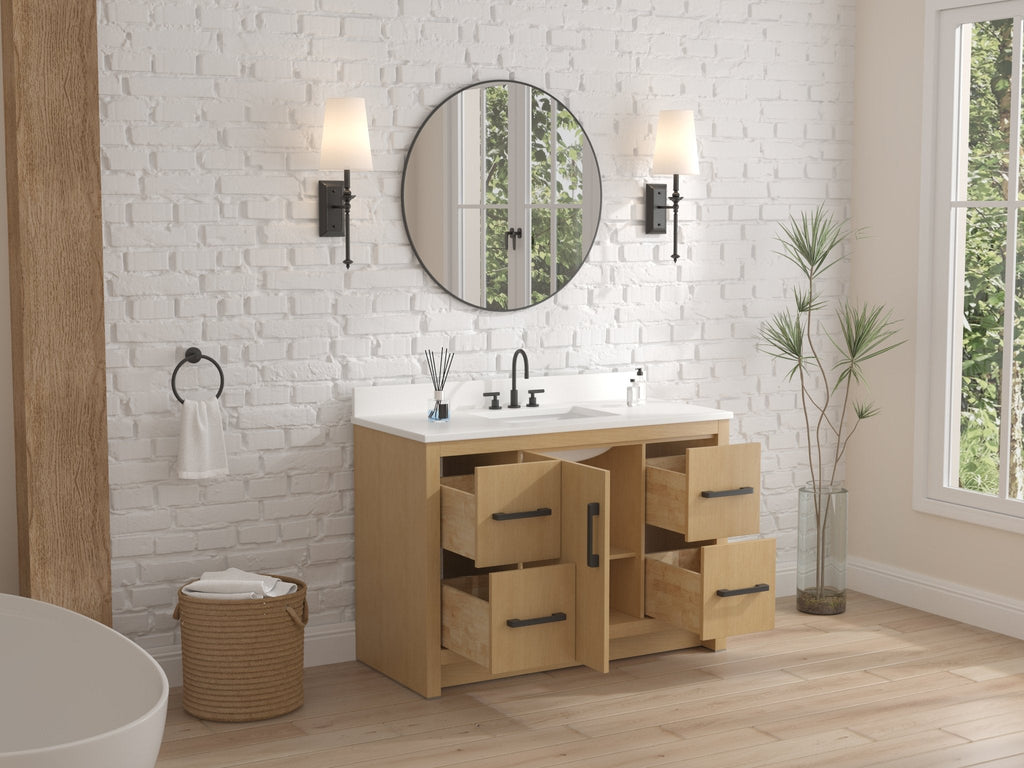 48 Inch Light Oak Sandi Single Sink Bathroom Vanity Toe Kick Style With White Quartz Top