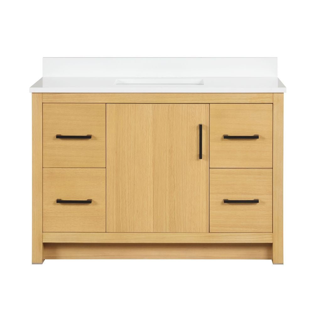 48 Inch Light Oak Sandi Single Sink Bathroom Vanity Toe Kick Style With White Quartz Top