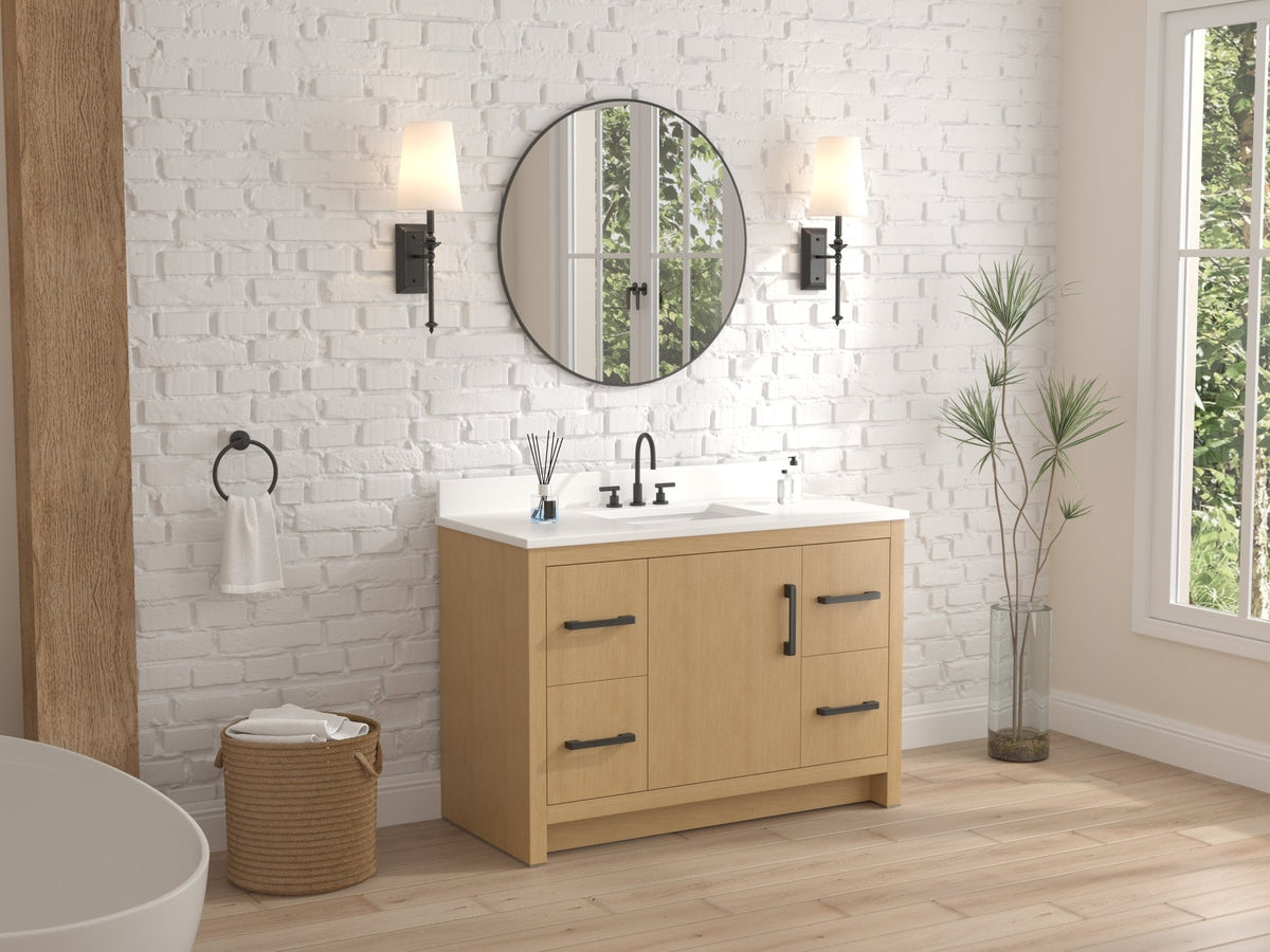 48 Inch Light Oak Sandi Single Sink Bathroom Vanity Toe Kick Style With White Quartz Top