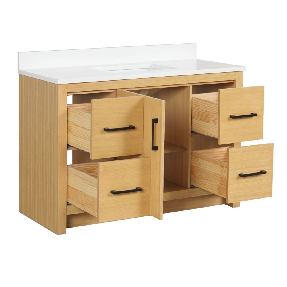 48 Inch Light Oak Sandi Single Sink Bathroom Vanity Toe Kick Style With White Quartz Top
