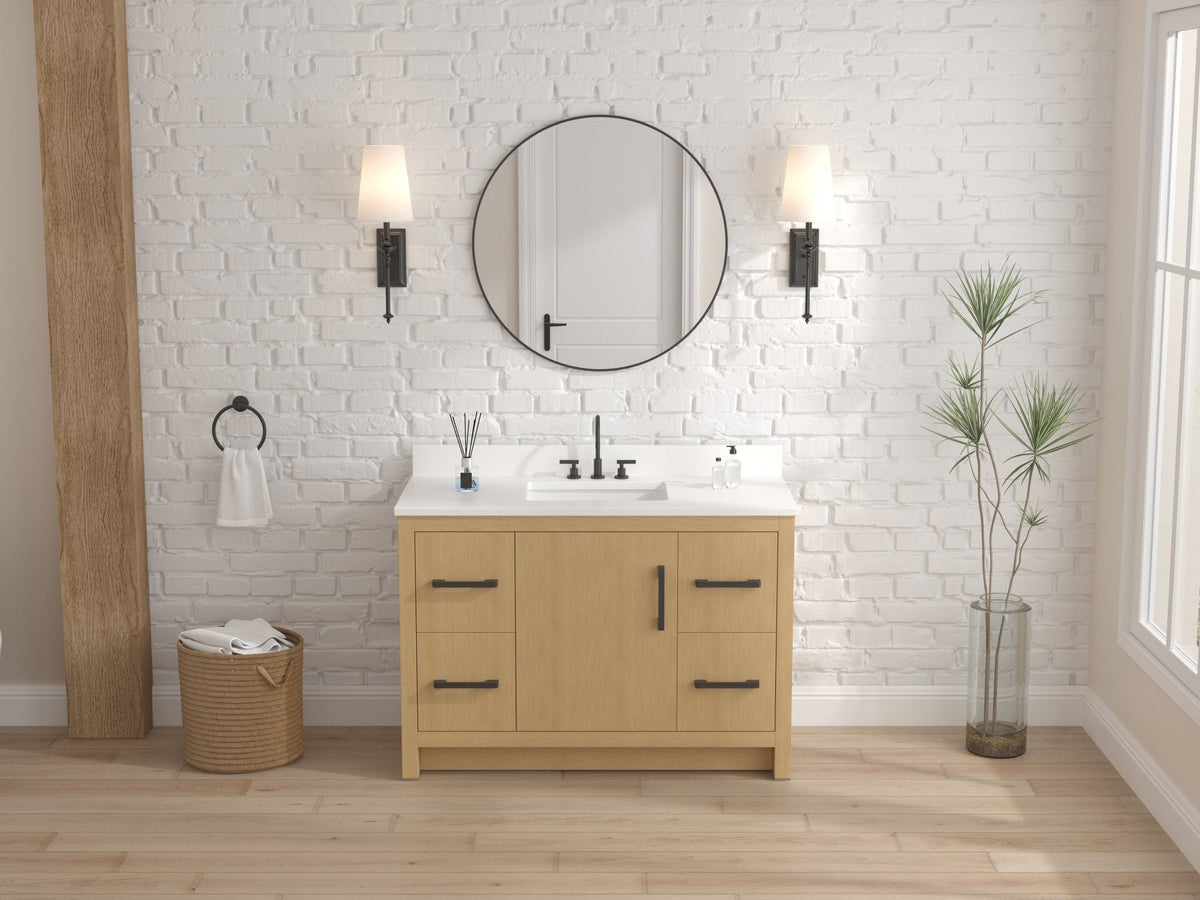 48 Inch Light Oak Sandi Single Sink Bathroom Vanity Toe Kick Style With White Quartz Top