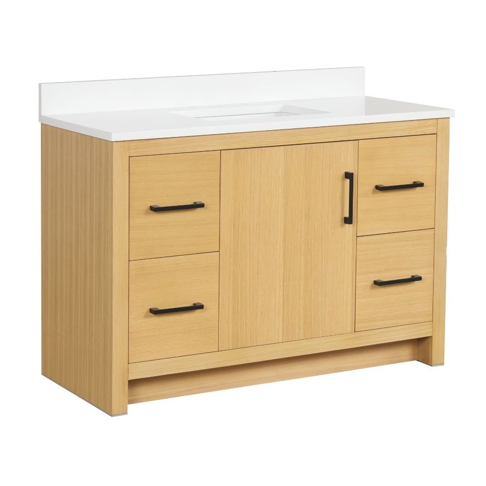 48 Inch Light Oak Sandi Single Sink Bathroom Vanity Toe Kick Style With White Quartz Top