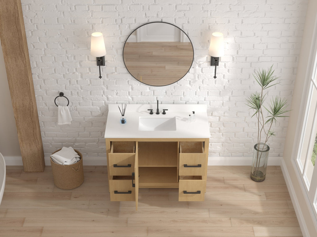 48 Inch Light Oak Sandi Single Sink Bathroom Vanity Toe Kick Style With White Quartz Top