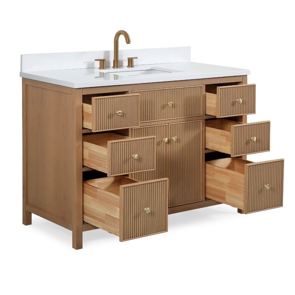48 Inch Natural Oak Fluted Style Marbella Bathroom Vanity With White Quartz Top