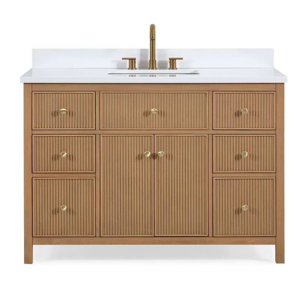 48 Inch Natural Oak Fluted Style Marbella Bathroom Vanity With White Quartz Top