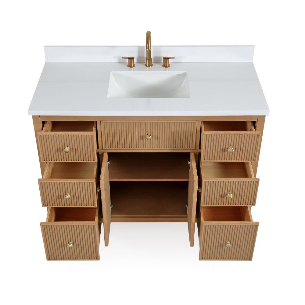 48 Inch Natural Oak Fluted Style Marbella Bathroom Vanity With White Quartz Top