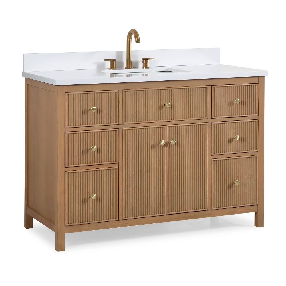 48 Inch Natural Oak Fluted Style Marbella Bathroom Vanity With White Quartz Top
