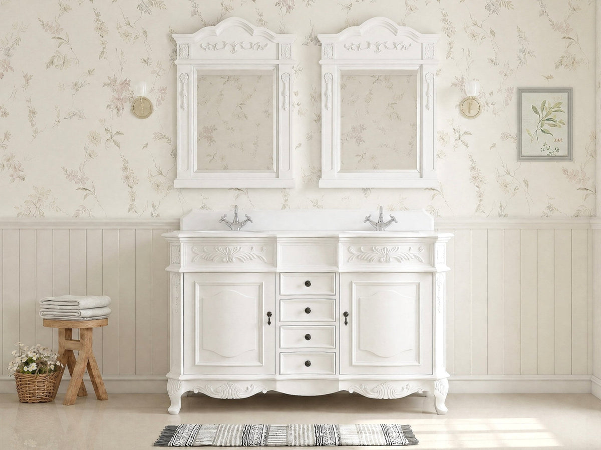48 Inch Traditional Double Sink Bathroom Vanity Antique White with White Quartz Top