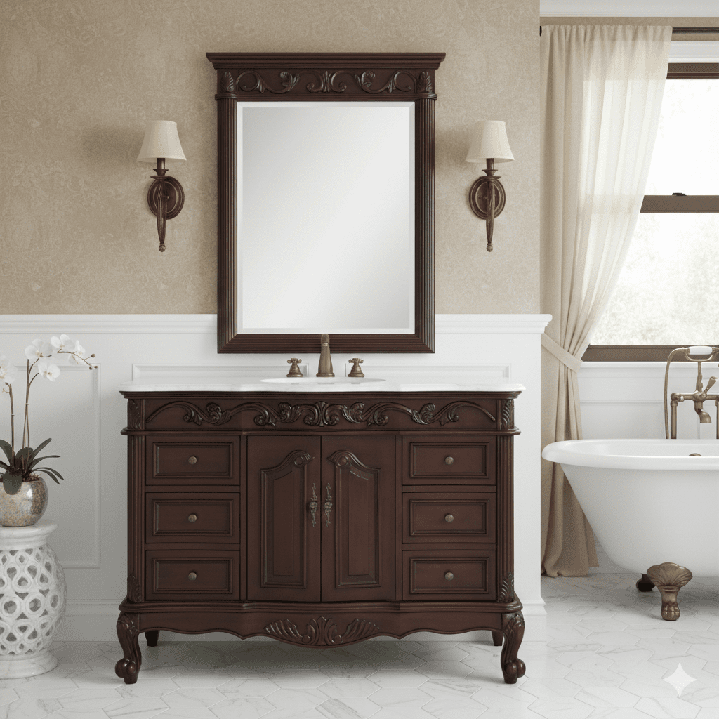 48 inch Traditional Style Cherry Brown Single Sink Cream Marble Countertop Beckham Bathroom Vanity