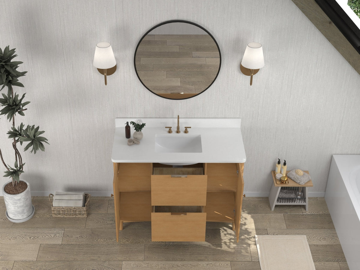 48 Inch Trendy Wood Finish Odelia Bathroom Vanity With White Quartz Top