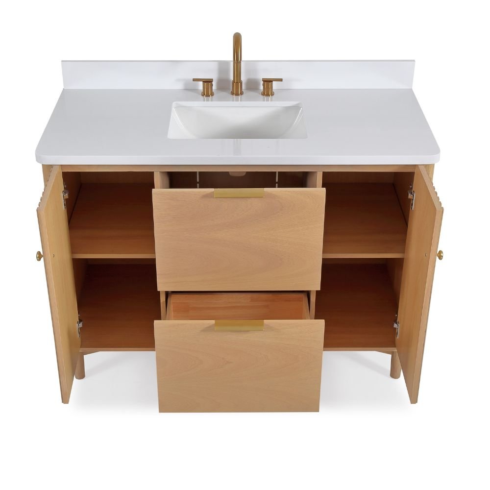 48 Inch Trendy Wood Finish Odelia Bathroom Vanity With White Quartz Top