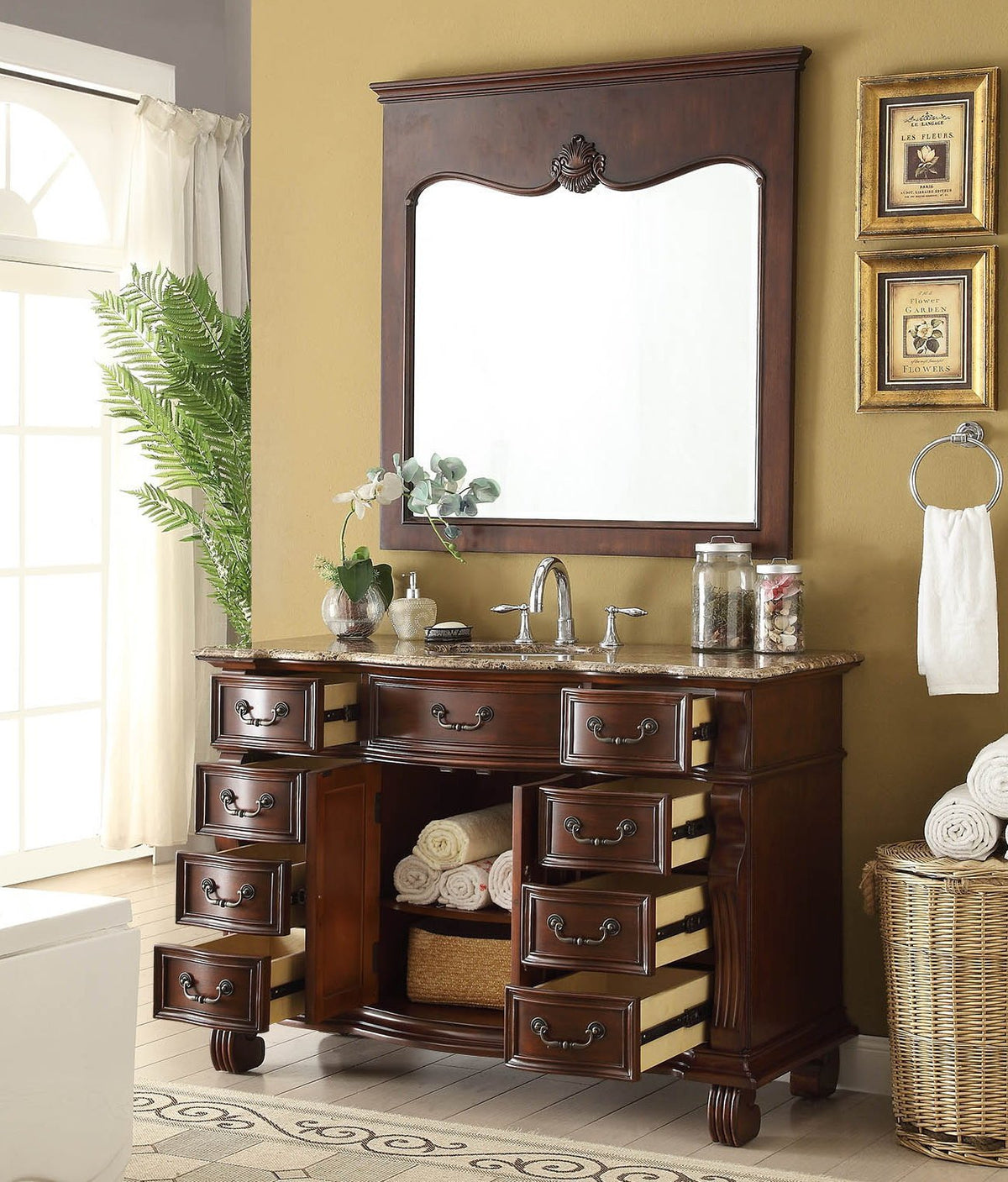 50 inch Antique Style Cherry Wood Hopkinton Bathroom Sink Vanity Baltic Brown Stone Top