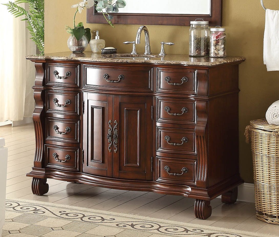50 inch Antique Style Cherry Wood Hopkinton Bathroom Sink Vanity Baltic Brown Stone Top
