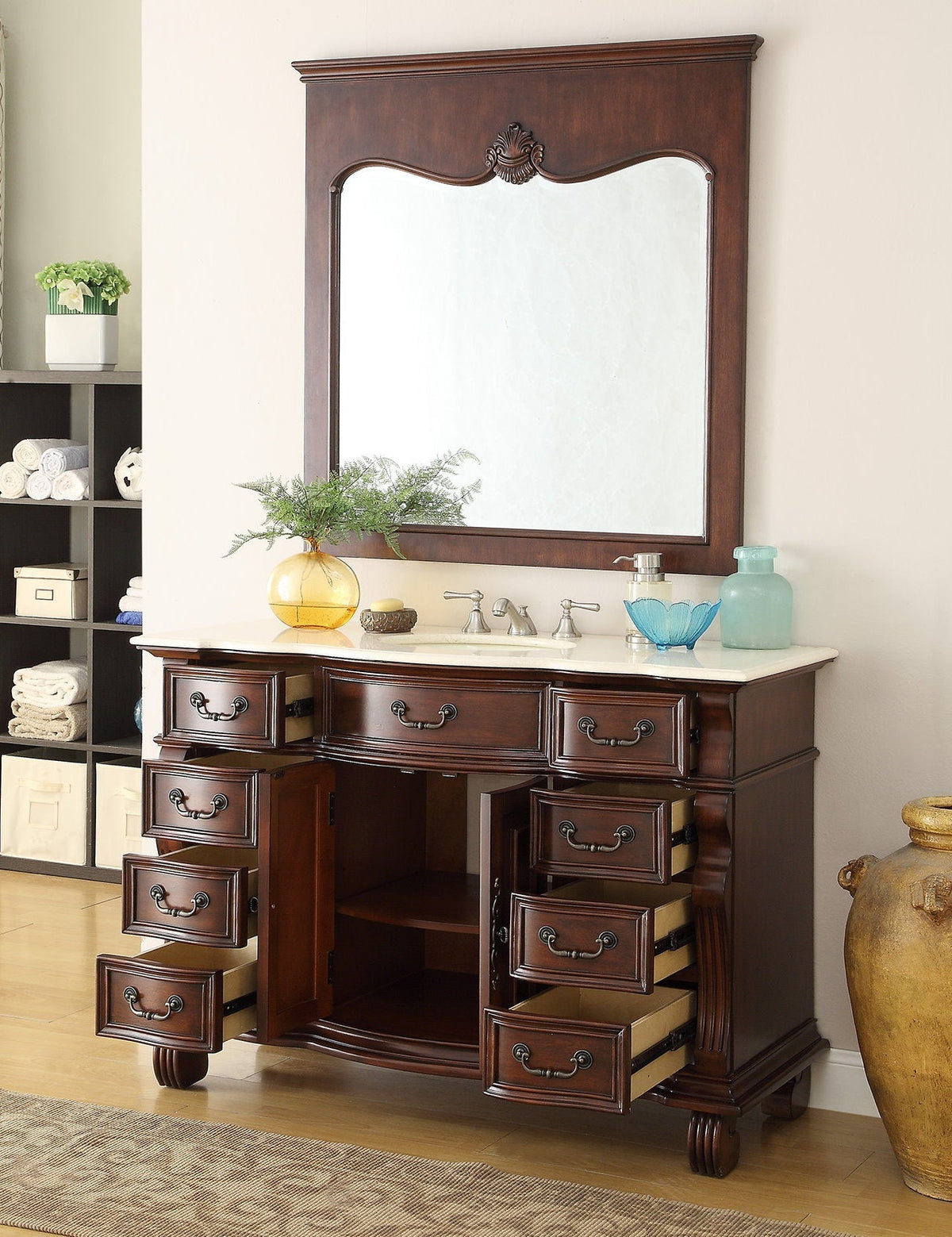 50 inch Antique Style Cherry Wood Hopkinton Bathroom Sink Vanity Creama Marble Top
