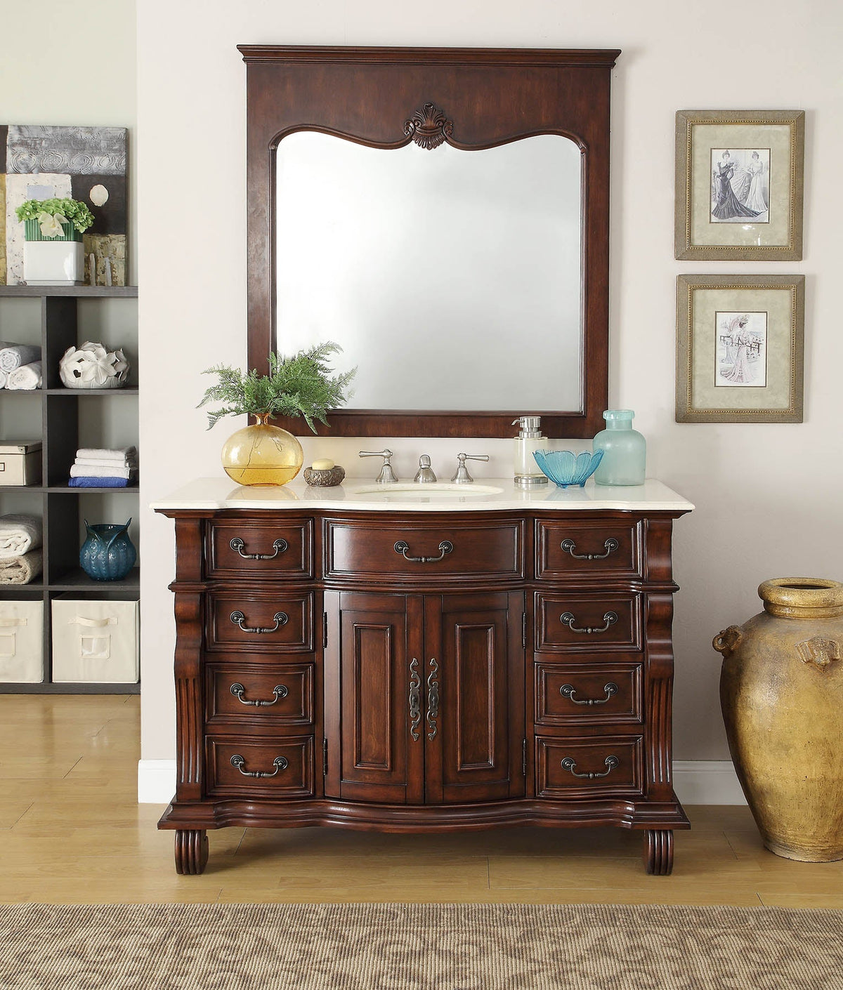 50 inch Antique Style Cherry Wood Hopkinton Bathroom Sink Vanity Creama Marble Top