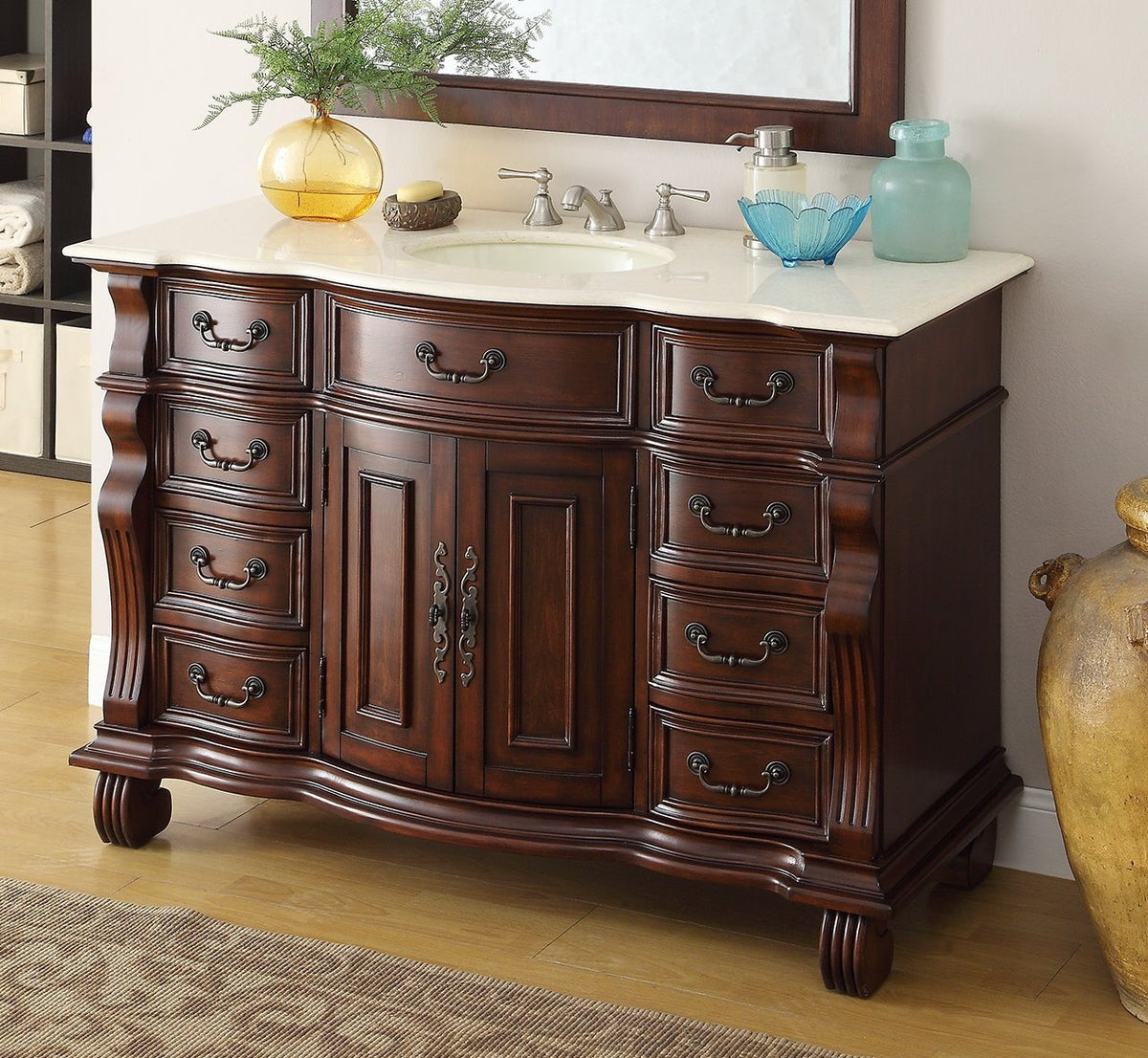 50 inch Antique Style Cherry Wood Hopkinton Bathroom Sink Vanity Creama Marble Top
