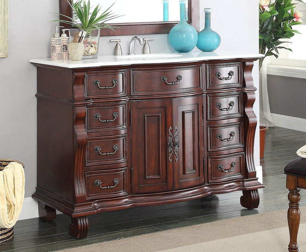 50 inch Antique Style Cherry Wood Hopkinton Bathroom Sink Vanity White Marble Top