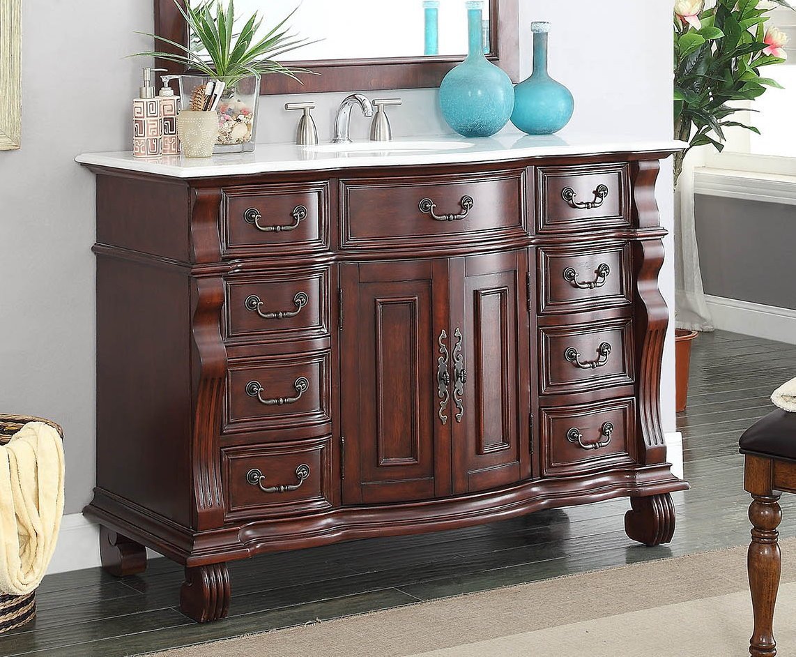 50 inch Antique Style Cherry Wood Hopkinton Bathroom Sink Vanity White Marble Top