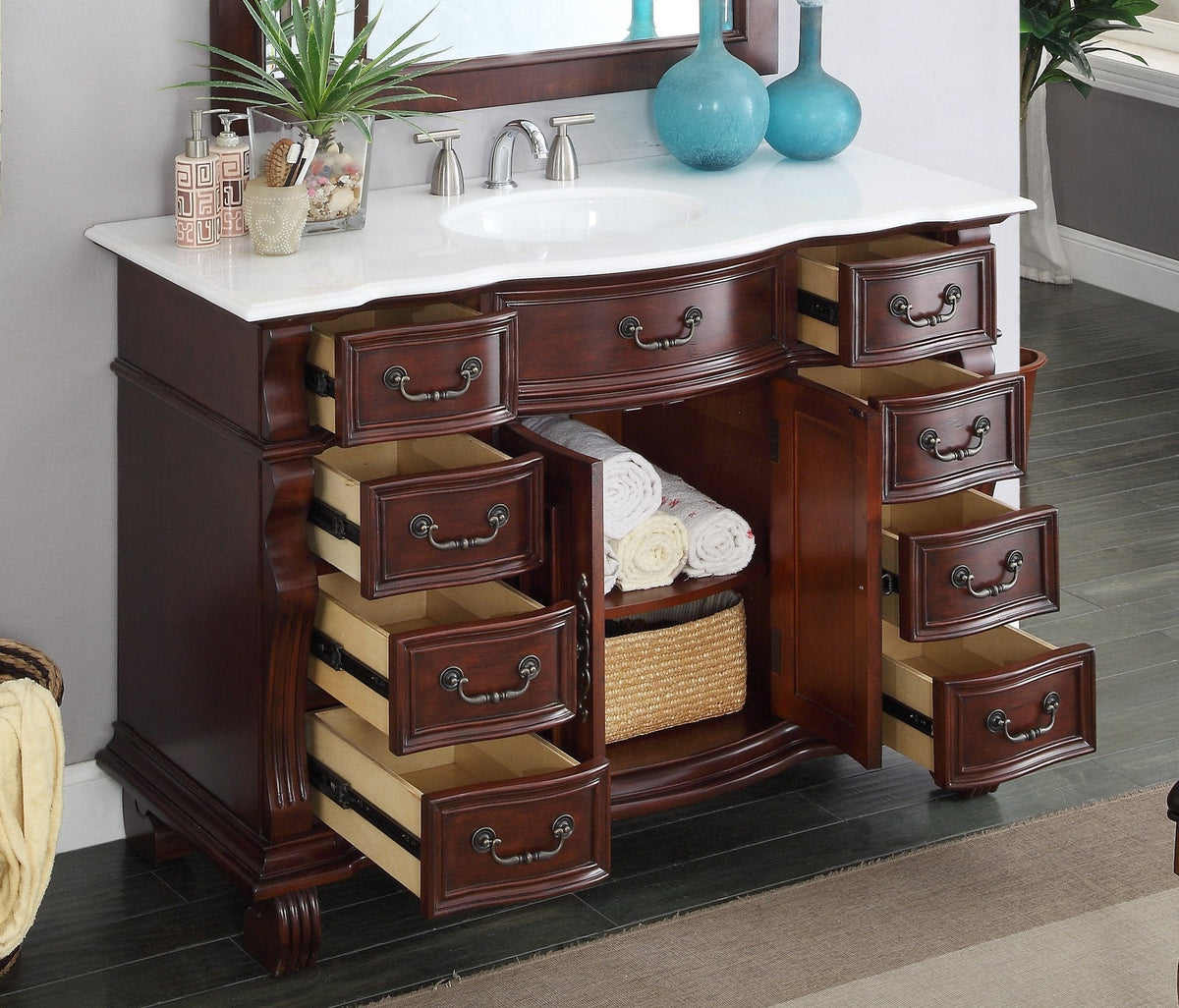 50 inch Antique Style Cherry Wood Hopkinton Bathroom Sink Vanity White Marble Top