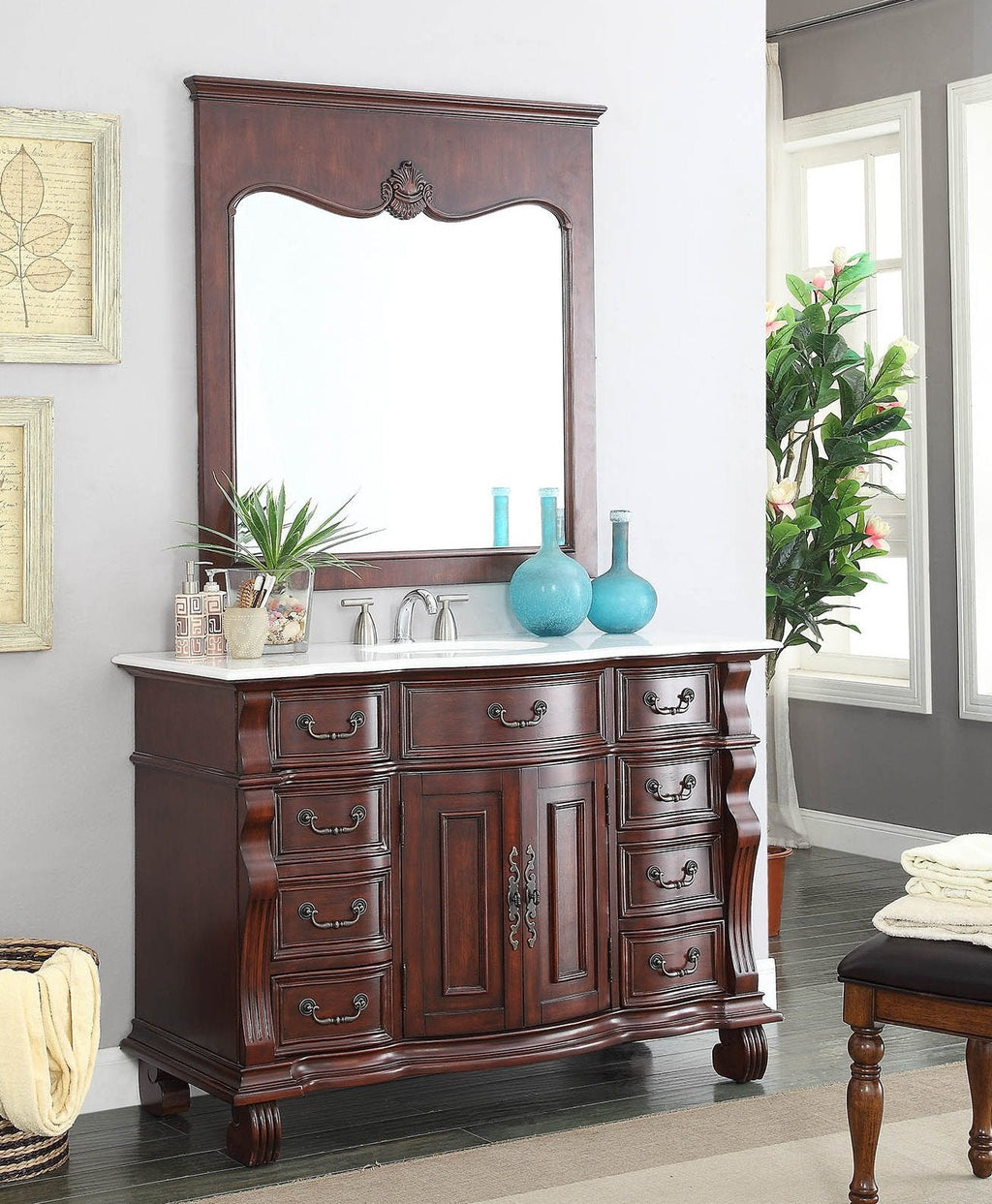 50 inch Antique Style Cherry Wood Hopkinton Bathroom Sink Vanity White Marble Top