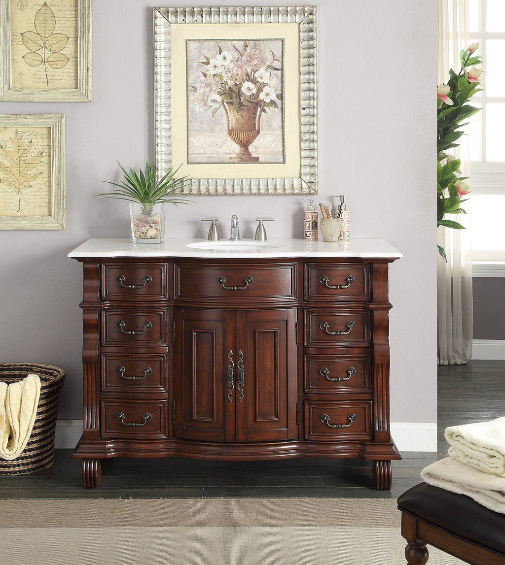 50 inch Antique Style Cherry Wood Hopkinton Bathroom Sink Vanity White Marble Top