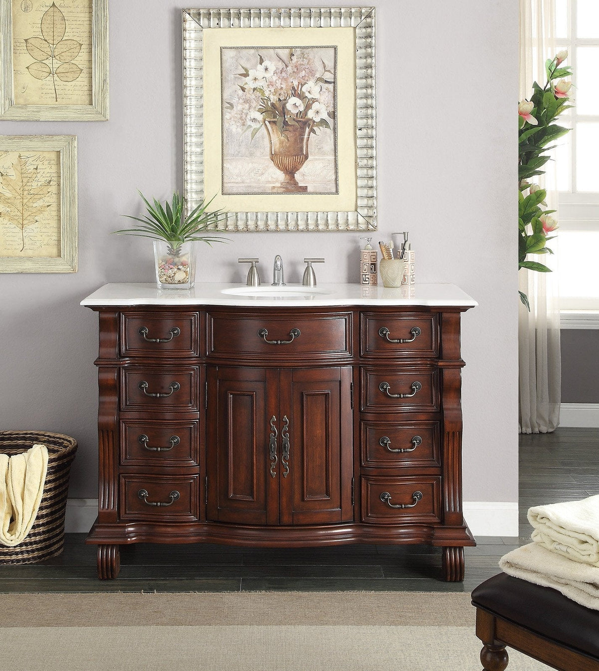 50 inch Antique Style Cherry Wood Hopkinton Bathroom Sink Vanity White Marble Top