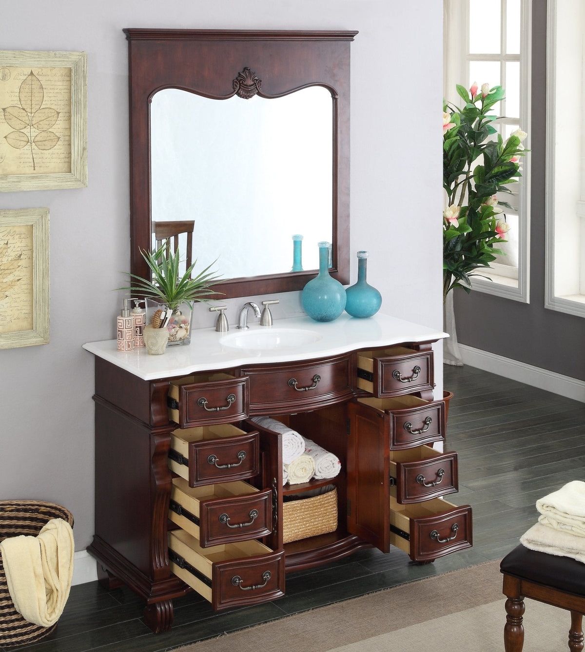 50 inch Antique Style Cherry Wood Hopkinton Bathroom Sink Vanity White Marble Top