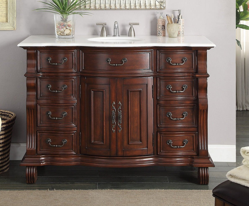 50 inch Antique Style Cherry Wood Hopkinton Bathroom Sink Vanity White Marble Top