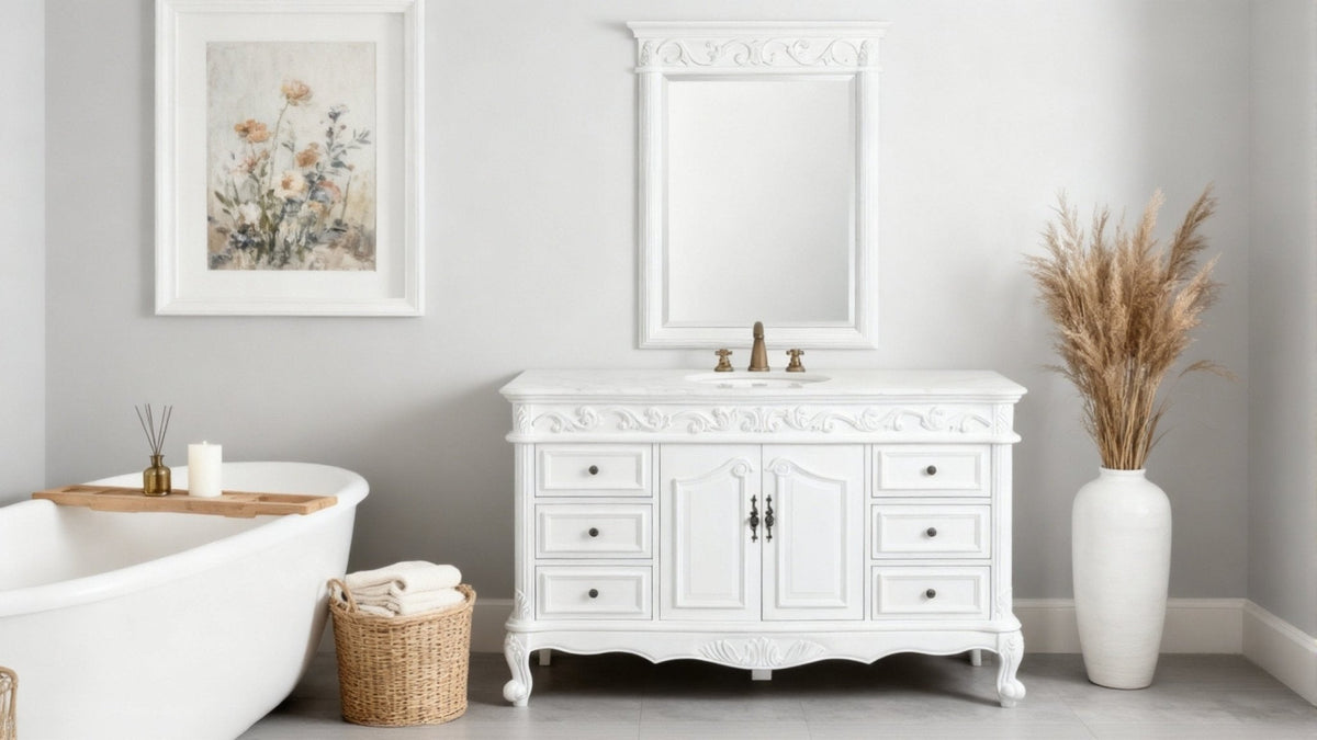 56 Inch Antique White Traditional Style Single Sink Beckham Bathroom Vanity