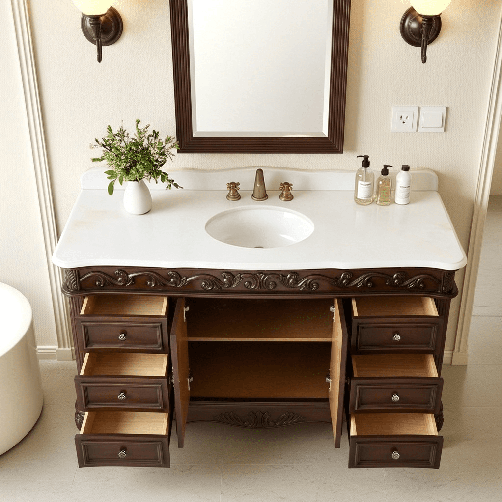 56 inch Traditional Style Cherry Brown Beckham Bathroom Sink Vanity With White Top