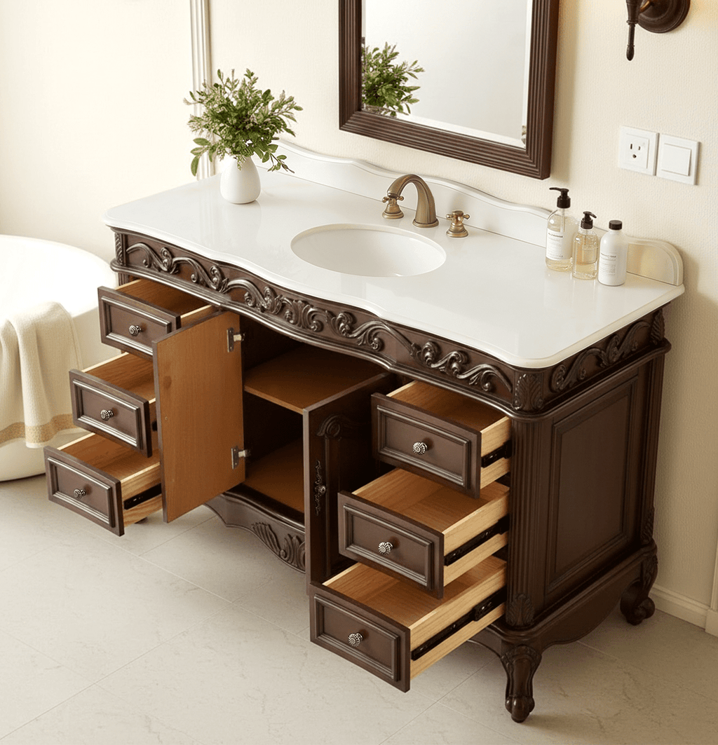 56 inch Traditional Style Cherry Brown Beckham Bathroom Sink Vanity With White Top