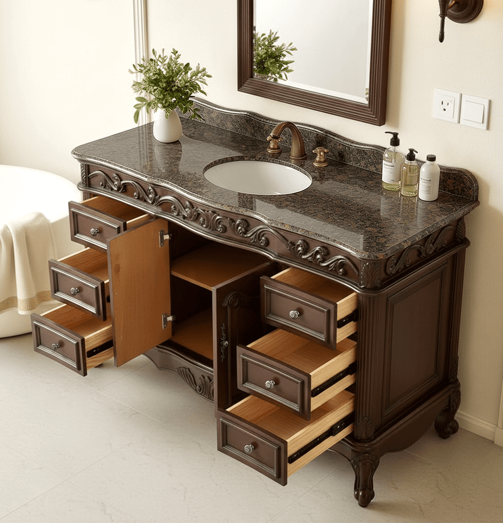 56" Traditional Style Brown Beckham Bathroom Sink Vanity With Baltic Brown Top