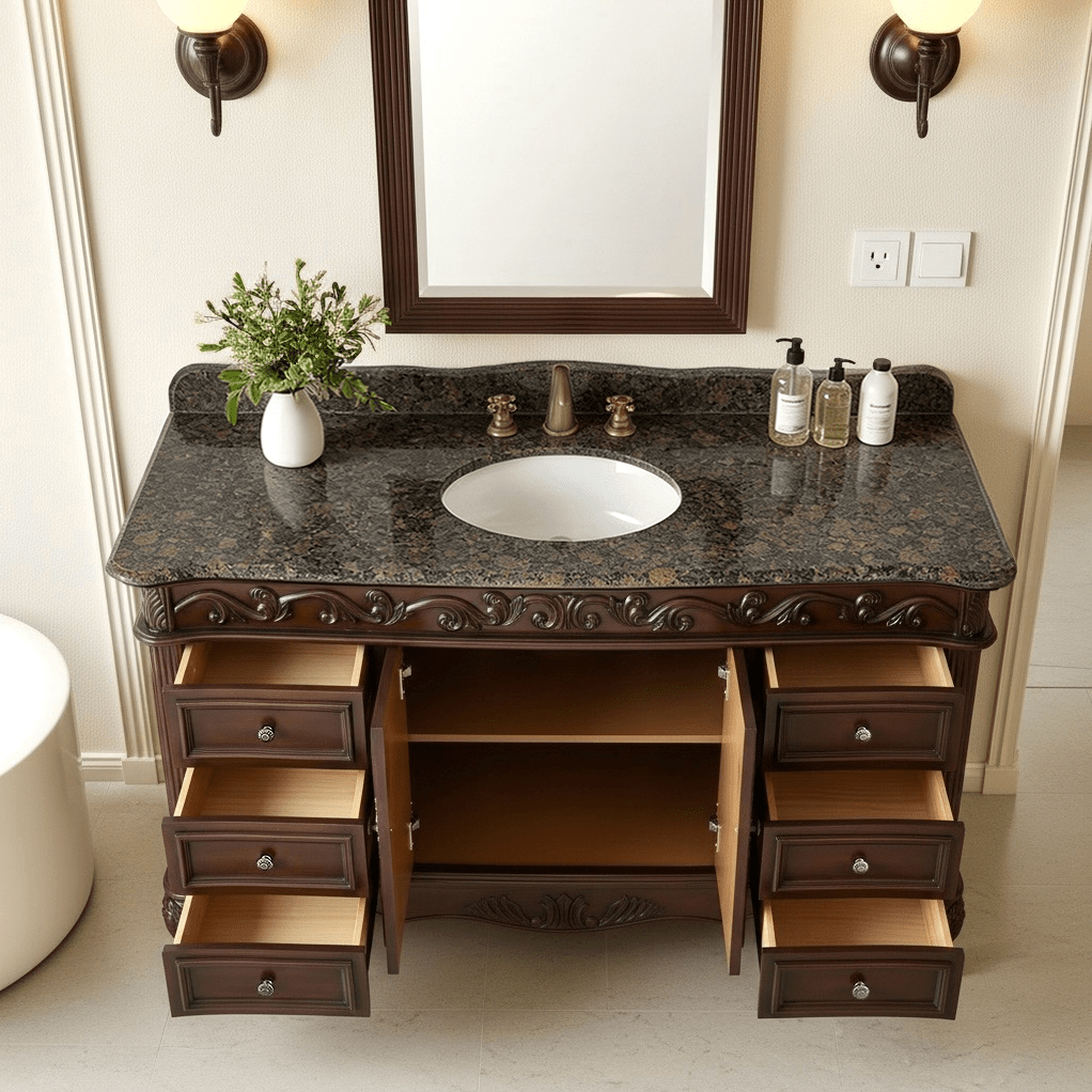 56" Traditional Style Brown Beckham Bathroom Sink Vanity With Baltic Brown Top