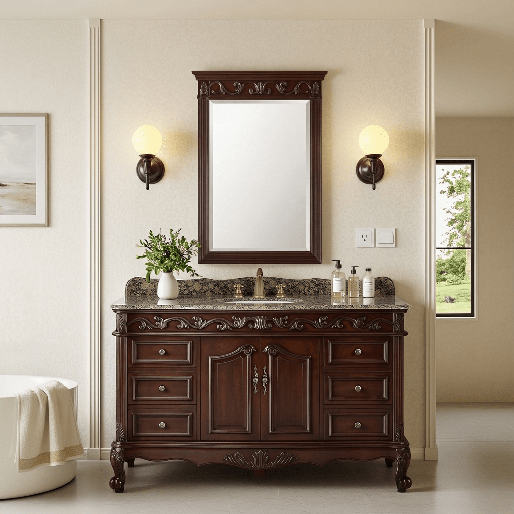 56" Traditional Style Brown Beckham Bathroom Sink Vanity With Baltic Brown Top