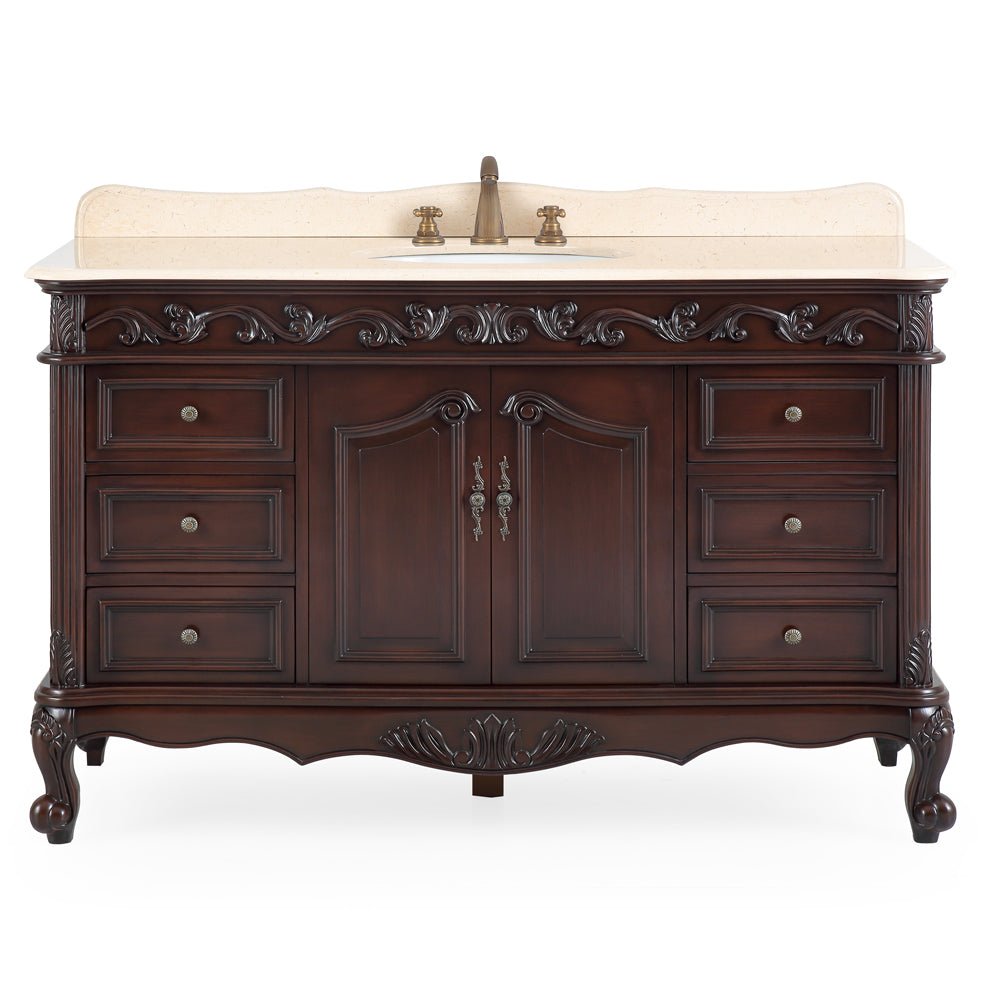 56" Traditional Style Brown Beckham Bathroom Sink Vanity With CreamTop