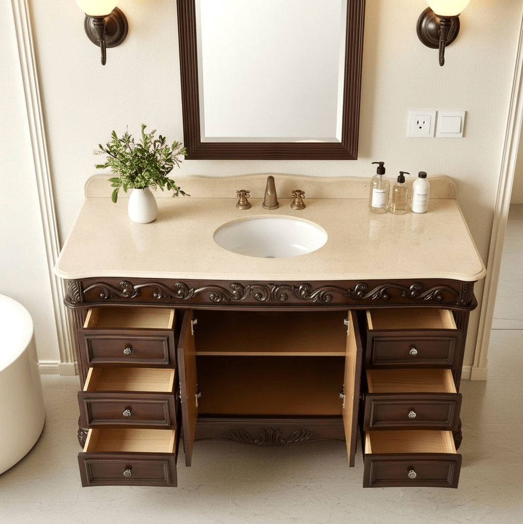 56" Traditional Style Brown Beckham Bathroom Sink Vanity With CreamTop
