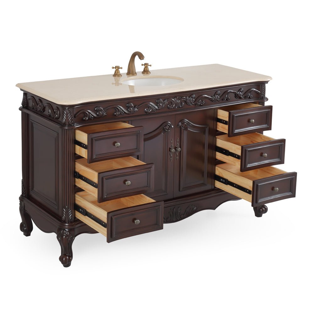 56" Traditional Style Brown Beckham Bathroom Sink Vanity With CreamTop