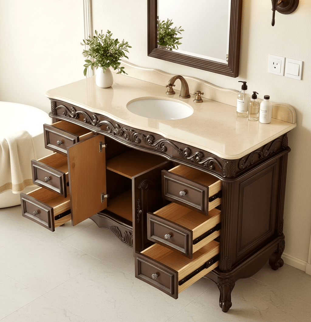 56" Traditional Style Brown Beckham Bathroom Sink Vanity With CreamTop