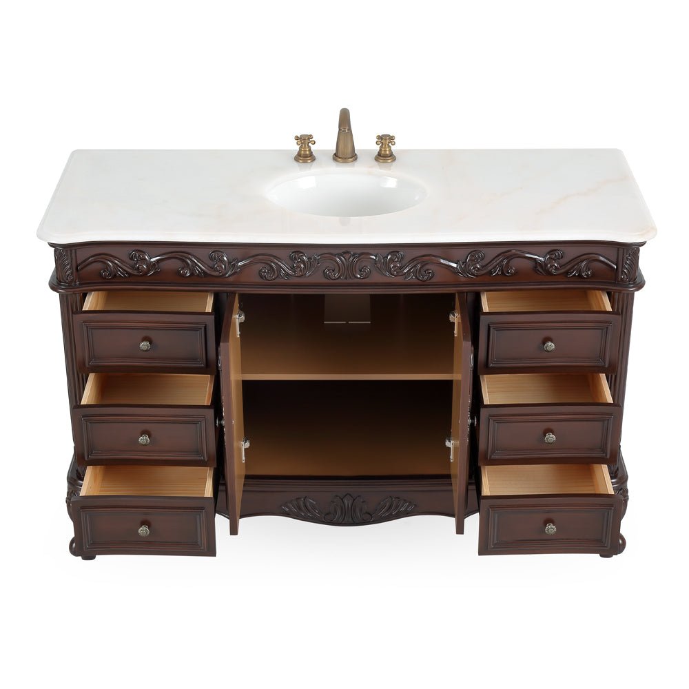 56" Traditional Style Brown Beckham Bathroom Sink Vanity With White Top