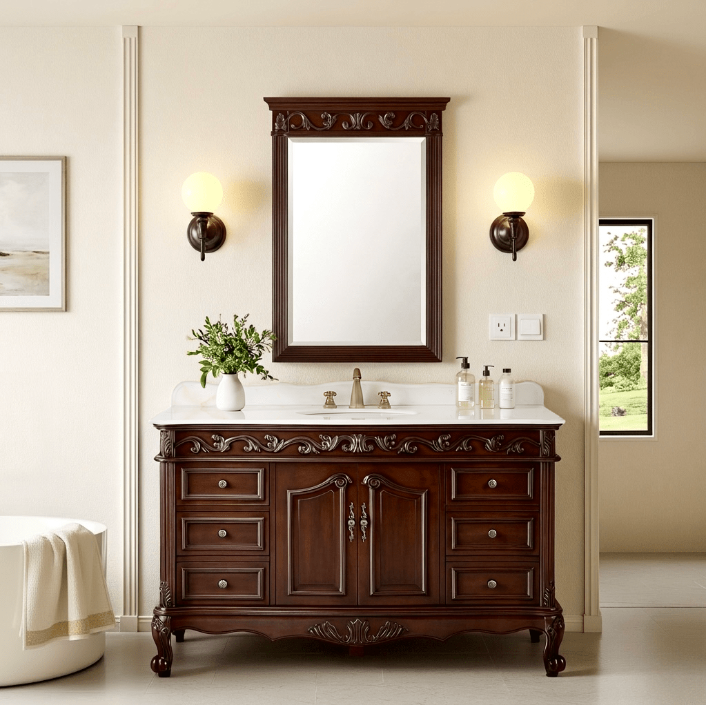 56" Traditional Style Brown Beckham Bathroom Sink Vanity With White Top