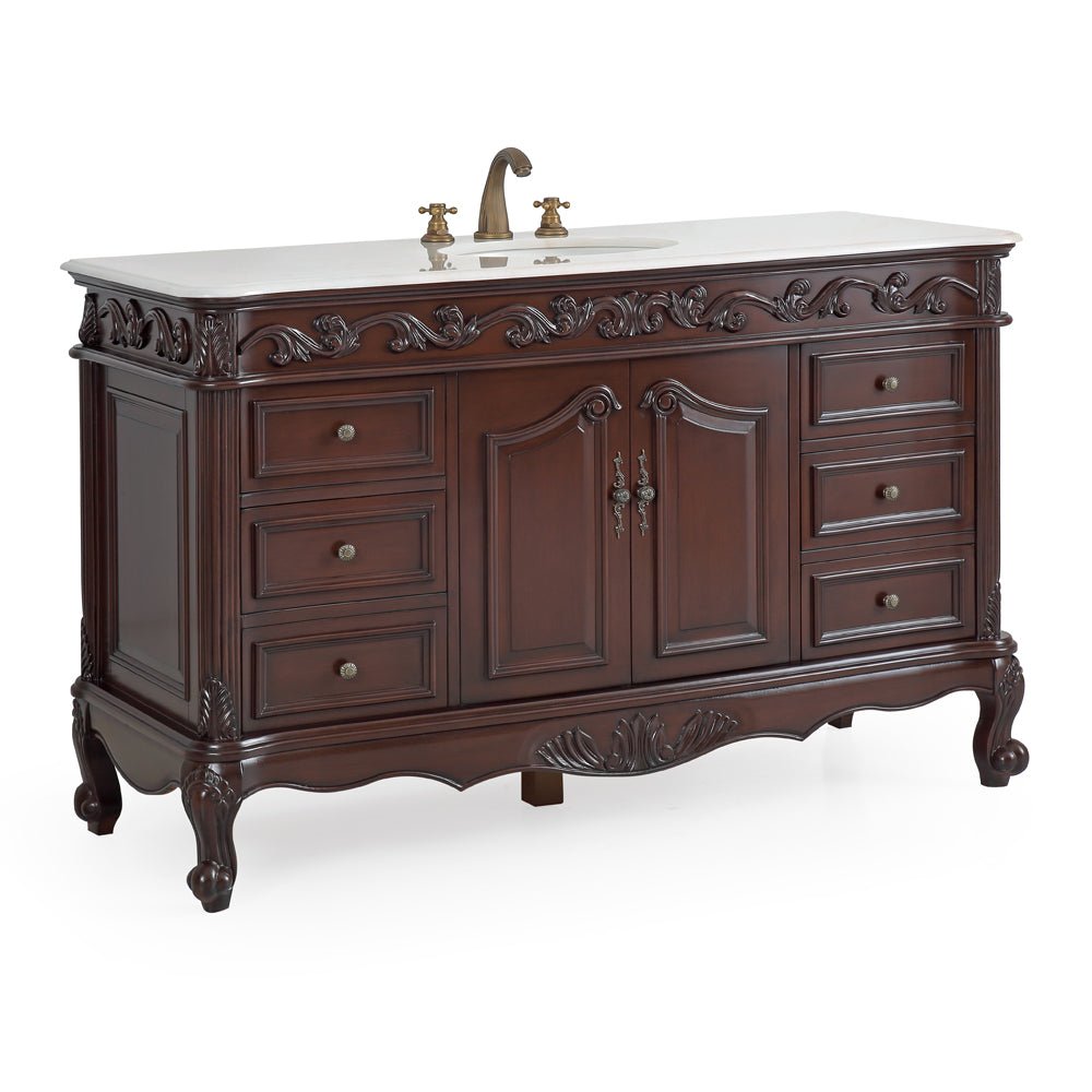 56" Traditional Style Brown Beckham Bathroom Sink Vanity With White Top