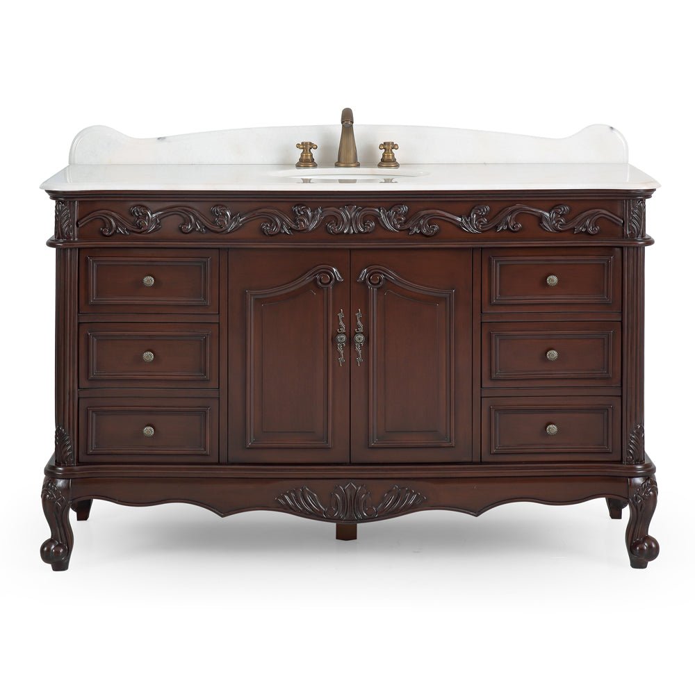 56" Traditional Style Brown Beckham Bathroom Sink Vanity With White Top