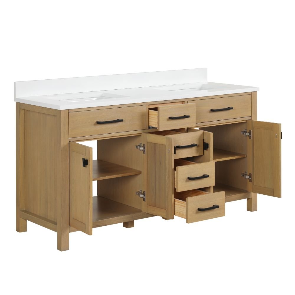 60 Inch Aged Oak Finish Rella Double Sink Bathroom Vanity With White Quartz Top