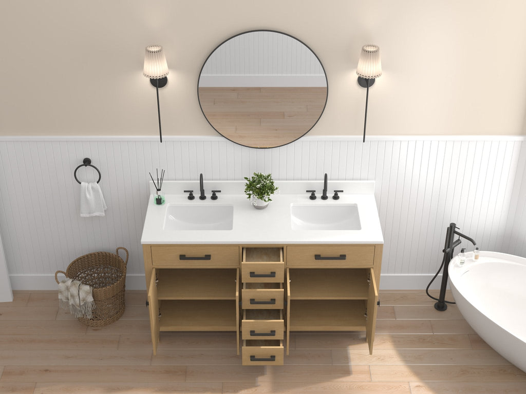 60 Inch Aged Oak Finish Rella Double Sink Bathroom Vanity With White Quartz Top